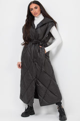 womens long quilted gilet black