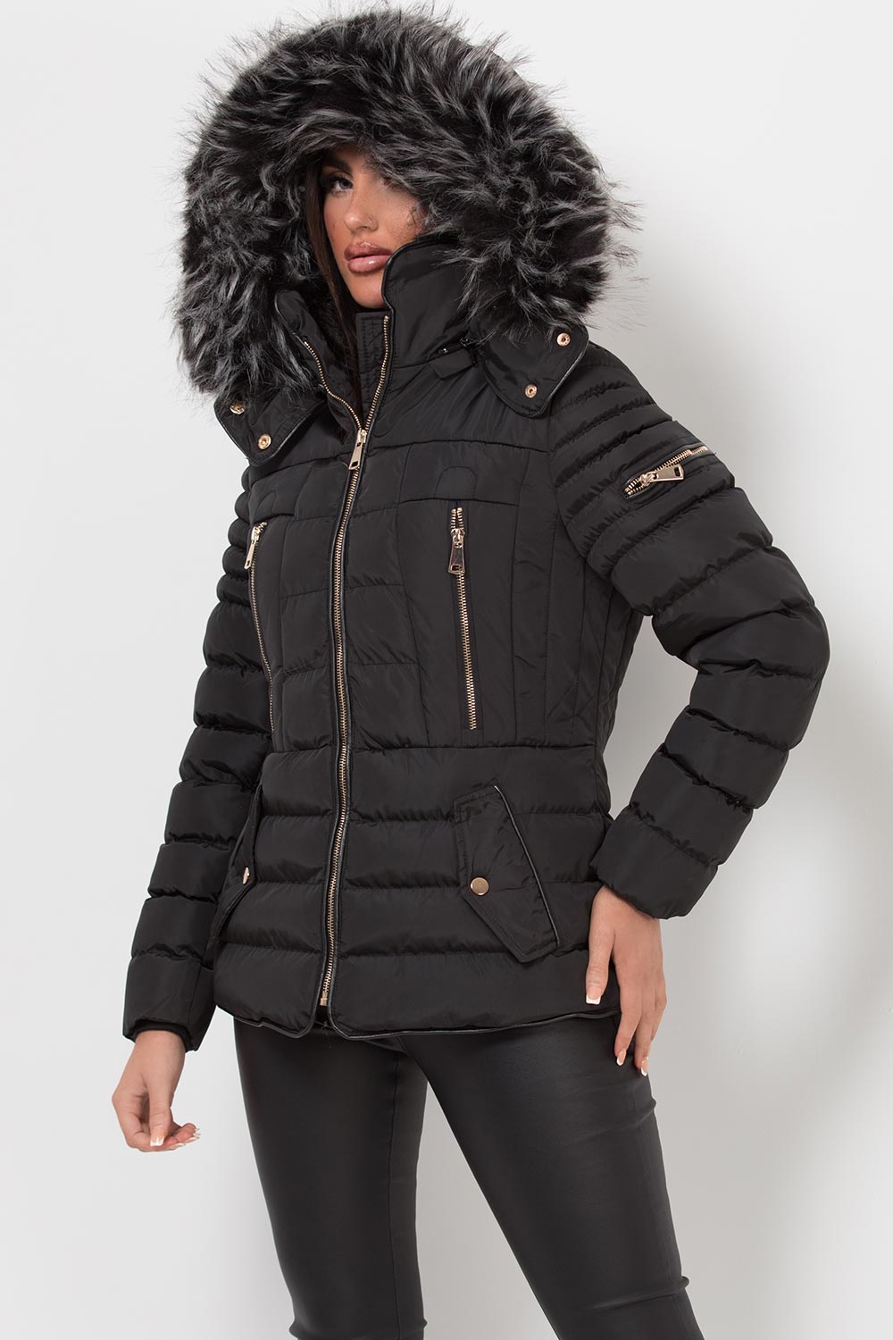 Women's Hooded Puffer Jacket Black Winter Coat –