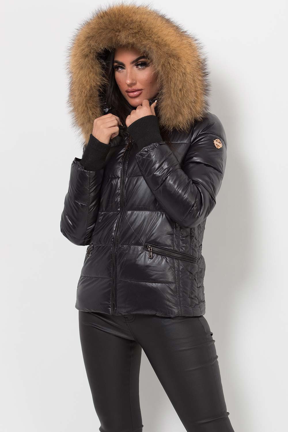 womens black puffer jacket with real fur hood