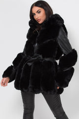 black faux fur faux leather jacket with hood