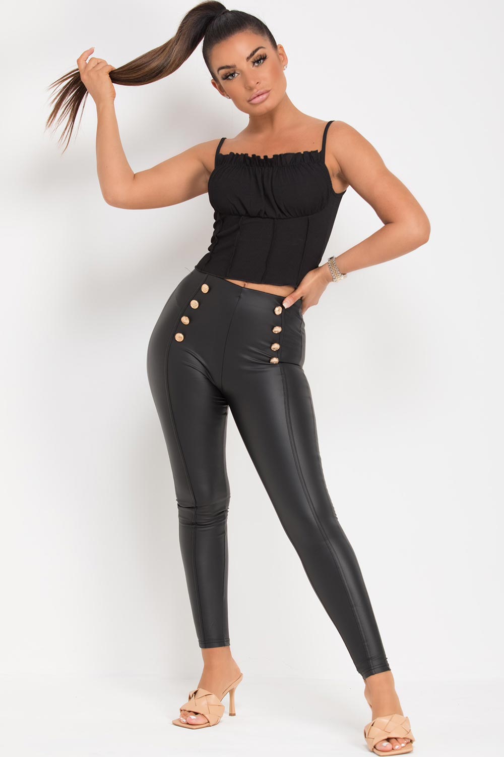 Black Faux Leather High Waist Leggings With Gold Buttons Vegan
