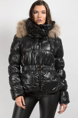 black shiny puffer coat with real fur hood 