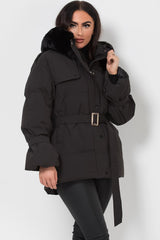 womens padded puffer coat with belt and fur hood