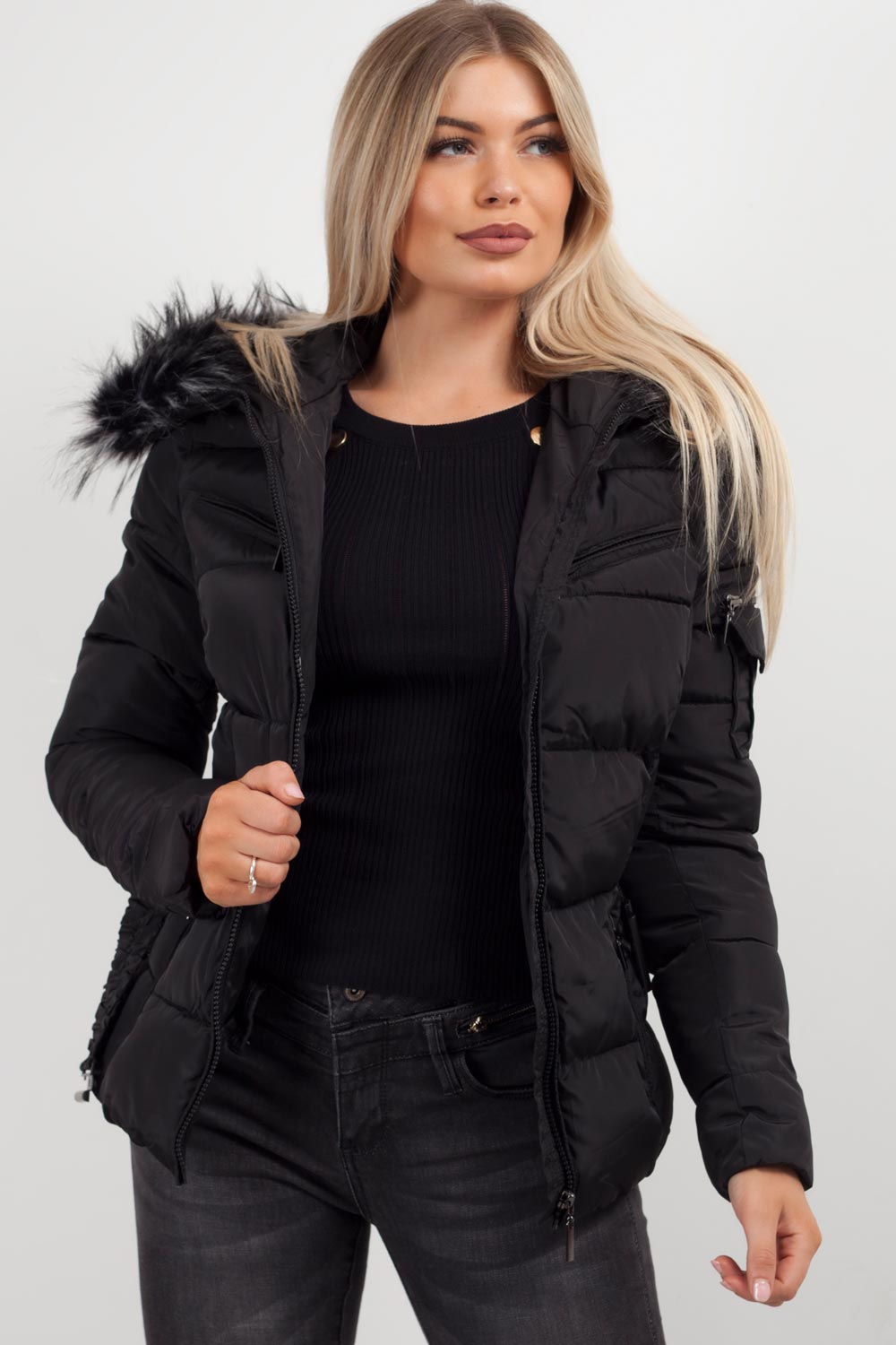 faux fur hooded coat black 
