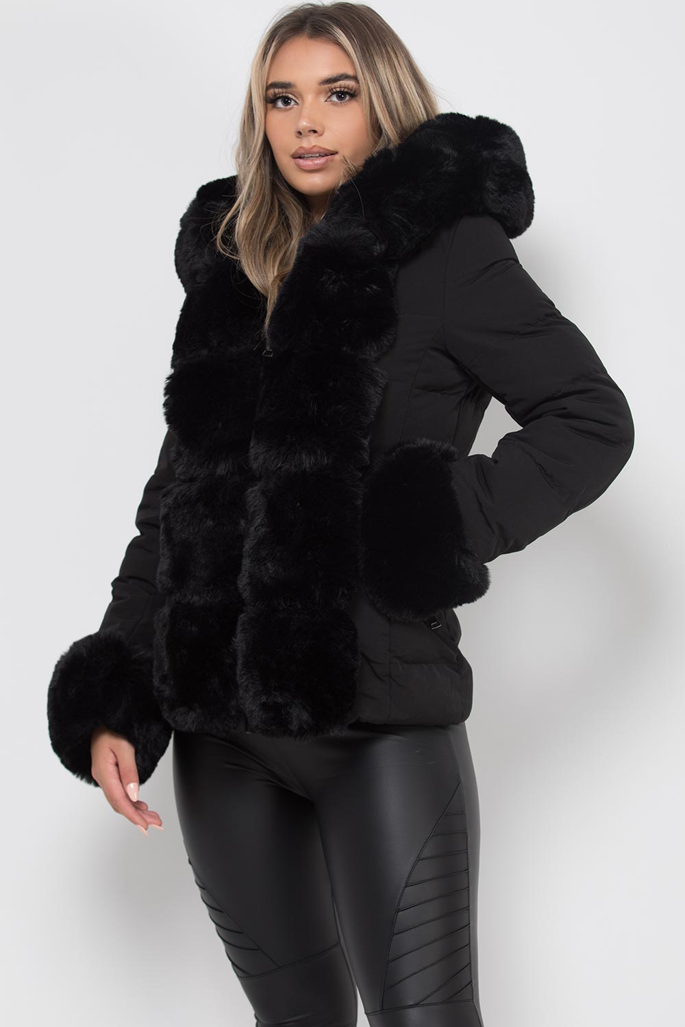 faux fur hood cuff and trim padded puffer jacket with belt black