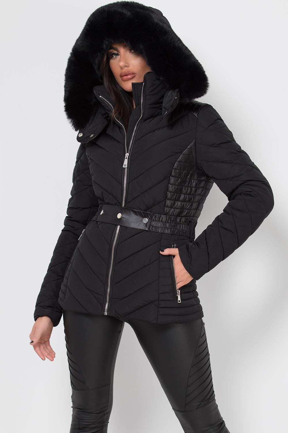 black puffer jacket with fur hood