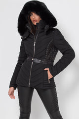 black puffer jacket with fur hood