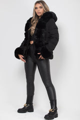 faux fur cuff hooded puffer padded jacket black