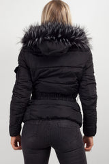 puffer coat with faux fur hood black 