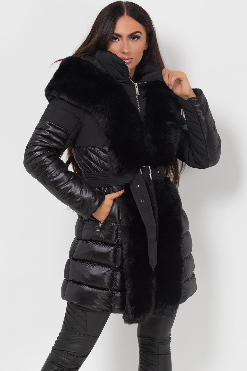faux fur trim black puffer coat womens
