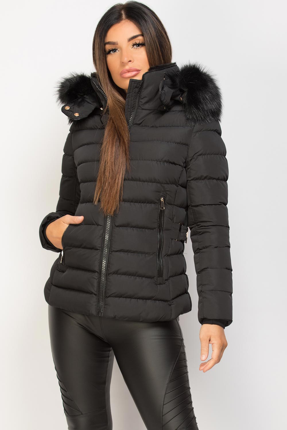 Womens Black Puffer Jacket With Faux Fur Hood Winter Coat – Styledup.co.uk