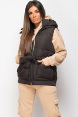 black padded puffer gilet with hood 