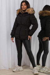 faux fur hood puffer padded jacket with belt womens