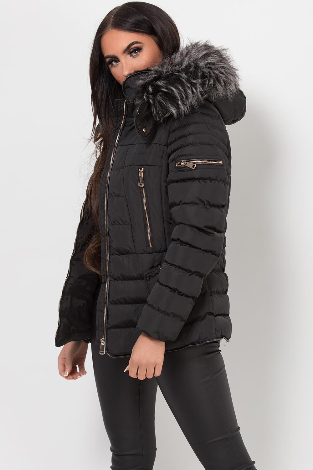 womens padded puffer hooded winter jacket black