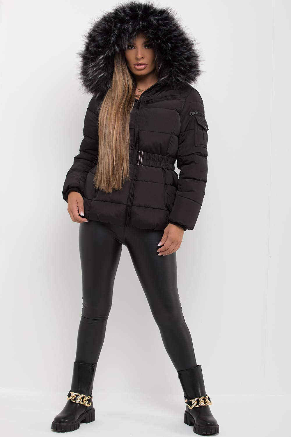 puffer jacket with fur hood black