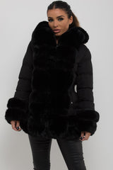 puffer padded jacket with fur hood cuff and trim