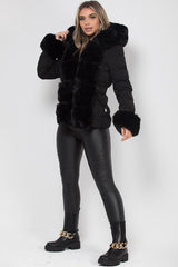 womens faux fur hood cuff trim puffer padded jacket with belt black