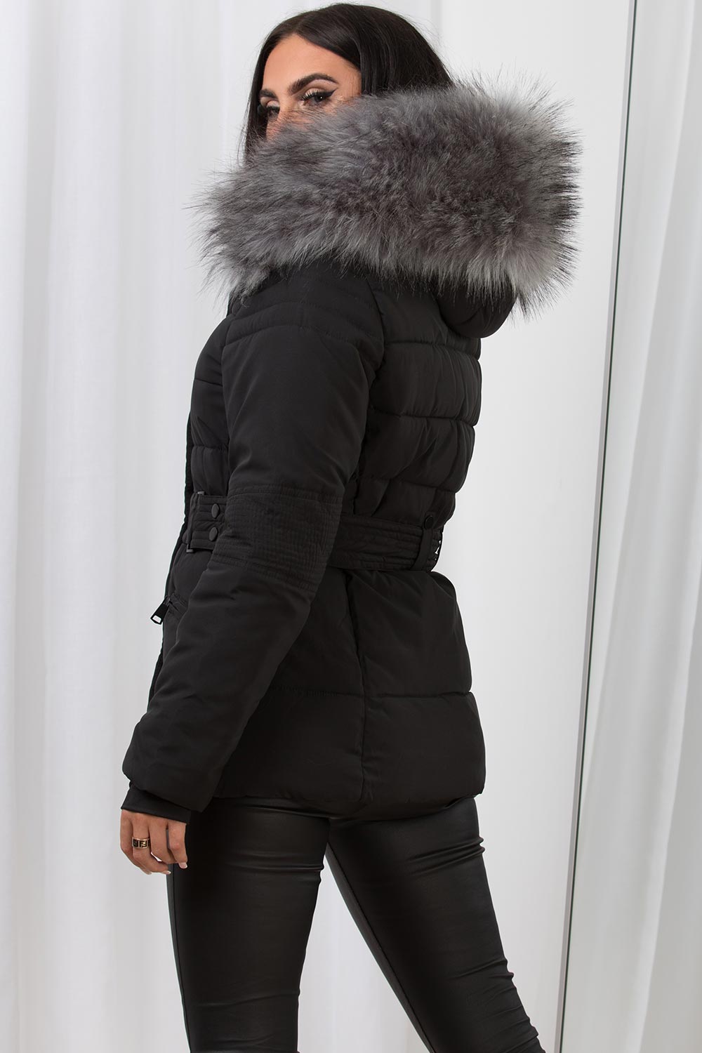 faux fur hooded puffer jacket with belt