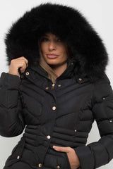 black puffer jacket with big fur hood womens