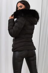 Black Puffer Padded Jacket With Faux Fur Hood