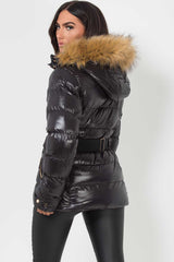 faux fur hood shiny puffer jacket black