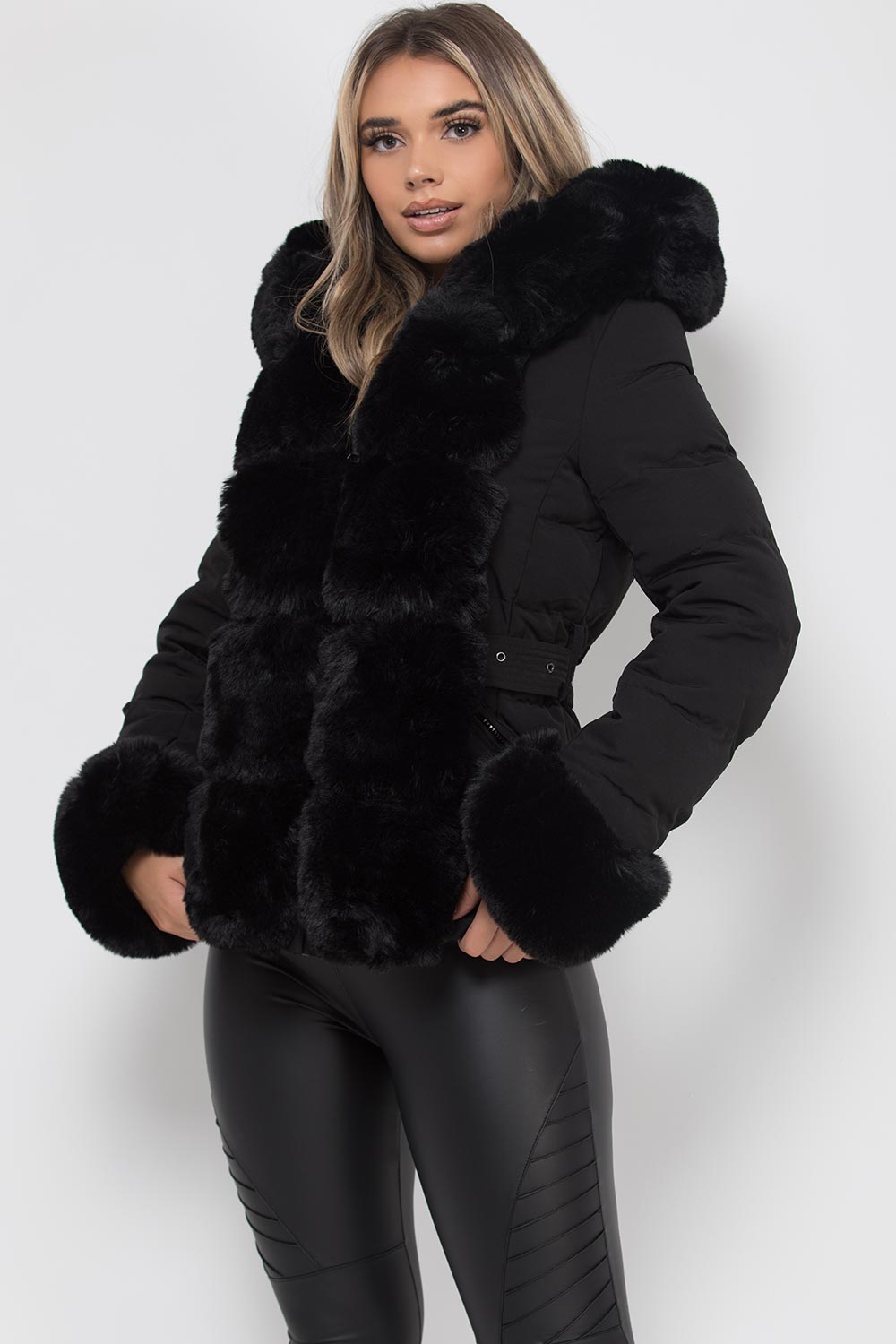 womens black puffer padded quilted jacket with faux fur trim and cuff