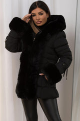 black faux fur hood puffer coat