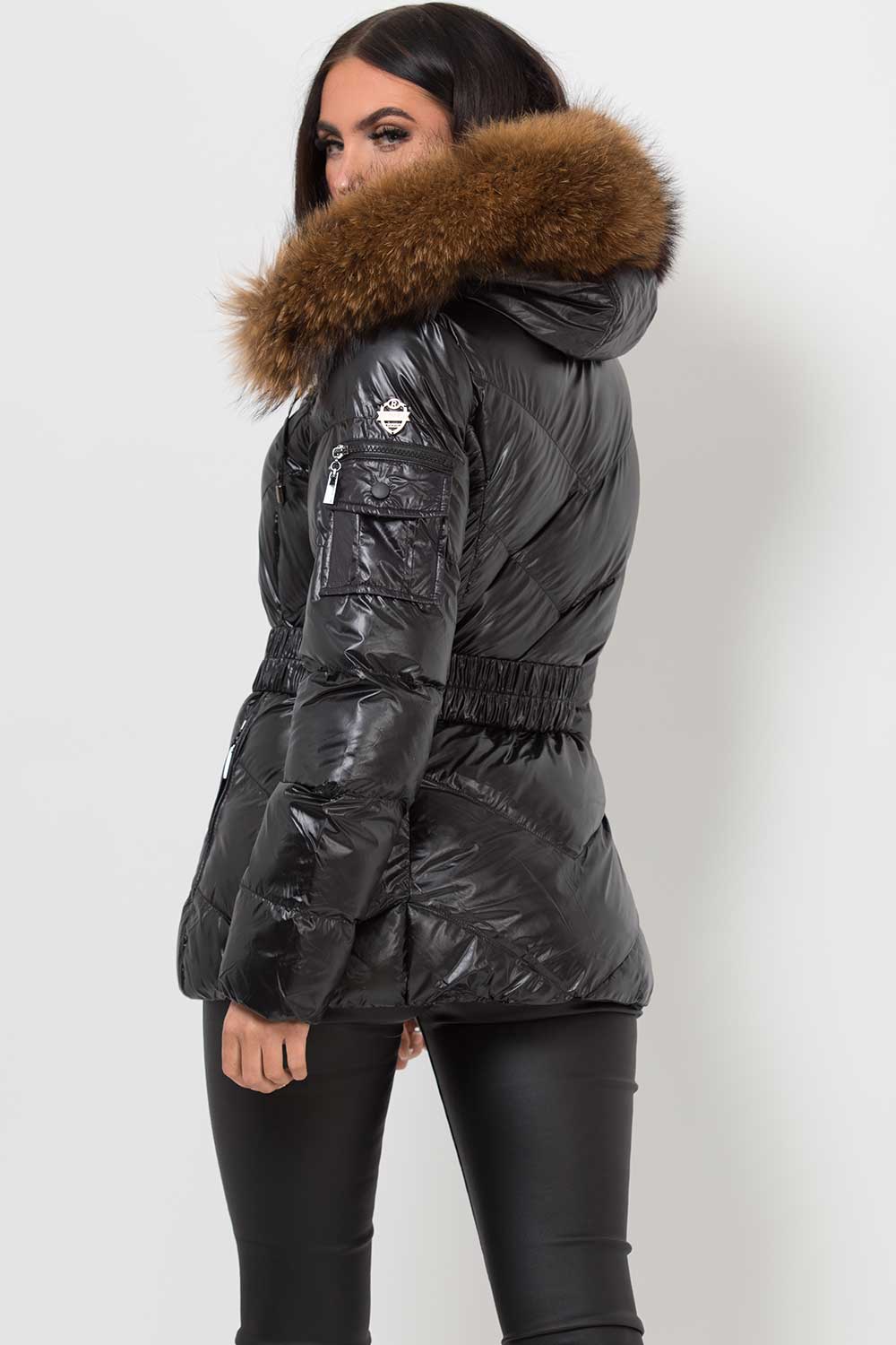 real fur hood puffer jacket with belt