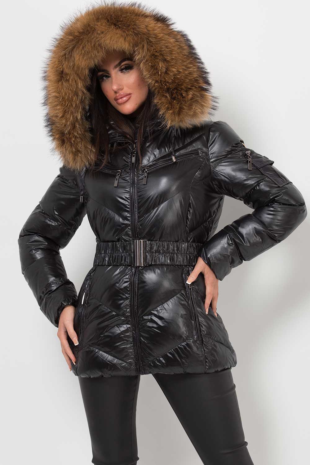 black puffer jacket with real fur hood uk
