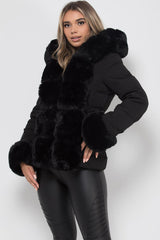 black faux fur hood cuff trim puffer jacket with belt womens