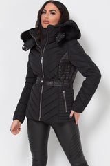 fur hood black puffer jacket with belt