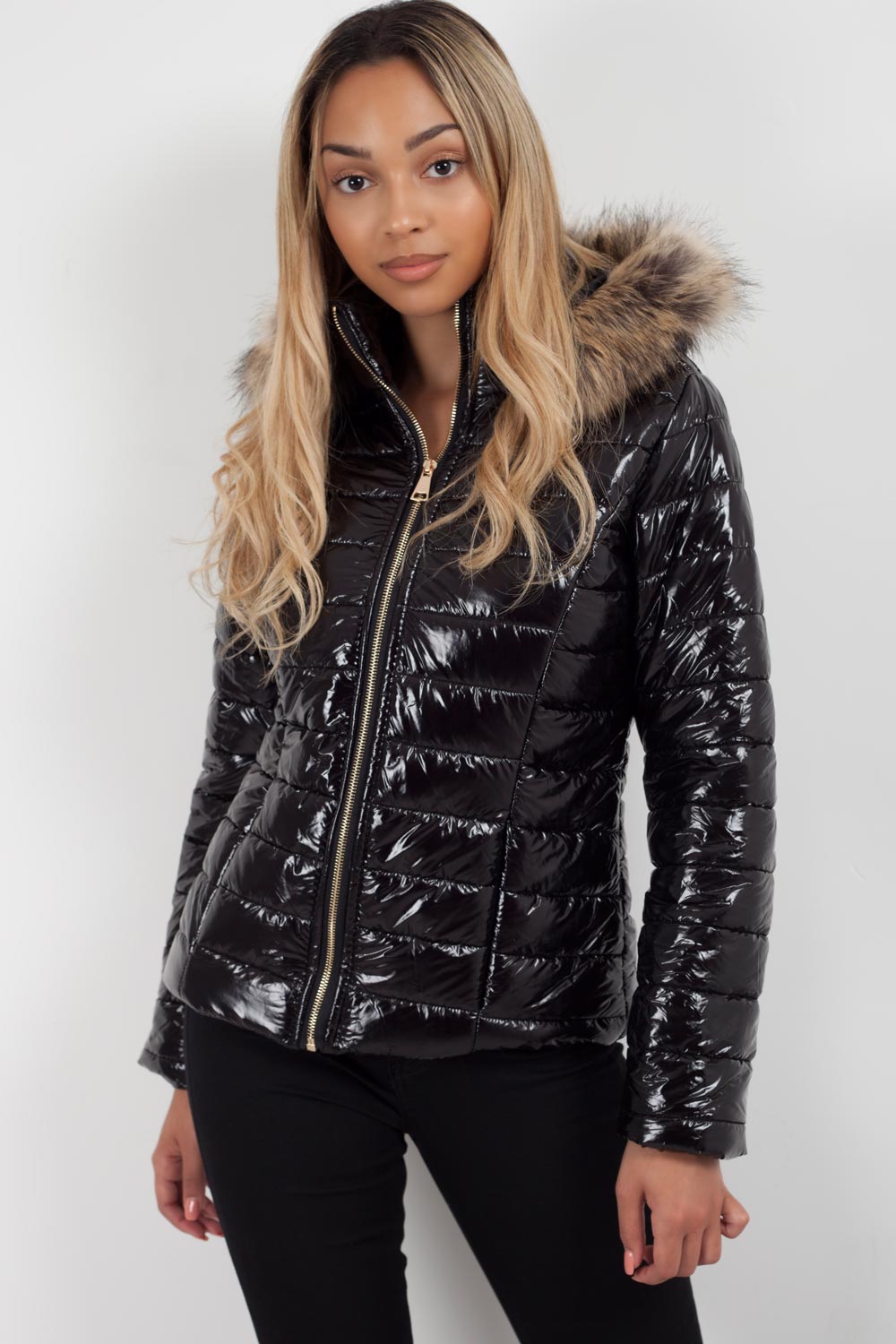 Black Shiny Puffer Coat With Faux Fur Hood Sale – Styledup.co.uk