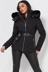 faux fur hood puffer jacket black