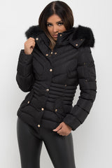 black fur hood puffer coat womens