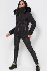black puffer padded quilted jacket with faux fur hood