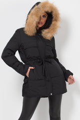 real fur hood puffer coat black