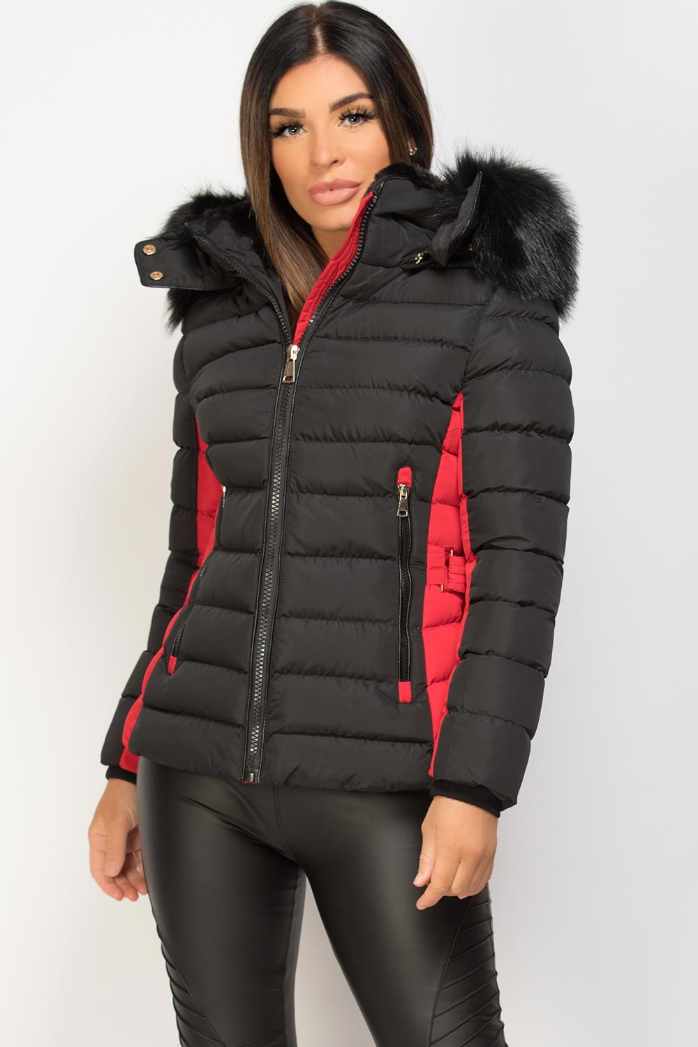 womens puffer jacket with faux fur hood 