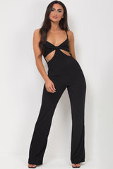 black rib wide leg jumpsuit with cut out front