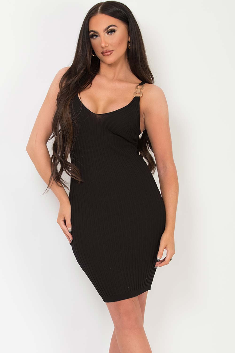 black ribbed bodycon short dress with gold buckle