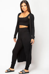 knitted cardigan crop top and trousers set womens 