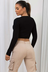 cut out ribbed long sleeve crop top