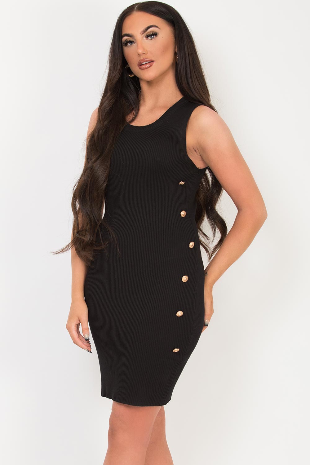black ribbed bodycon party dress with gold buttons