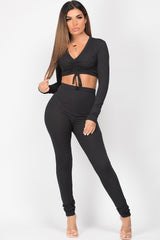 ruched front black loungewear set 
