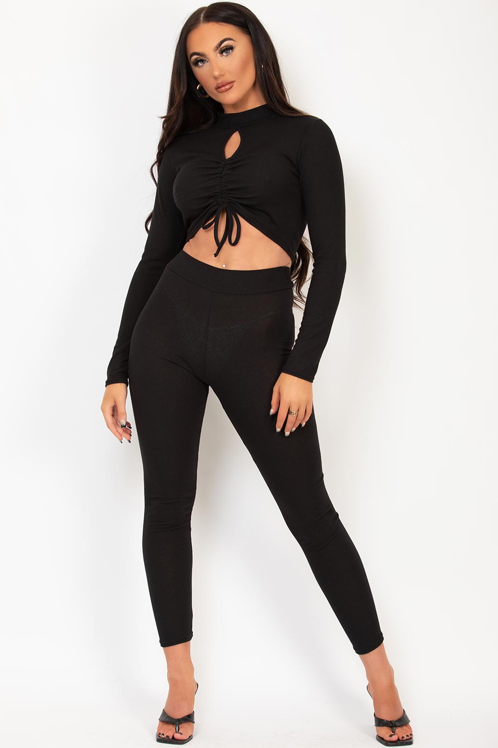 womens black lounge wear set with keyhole cut out front