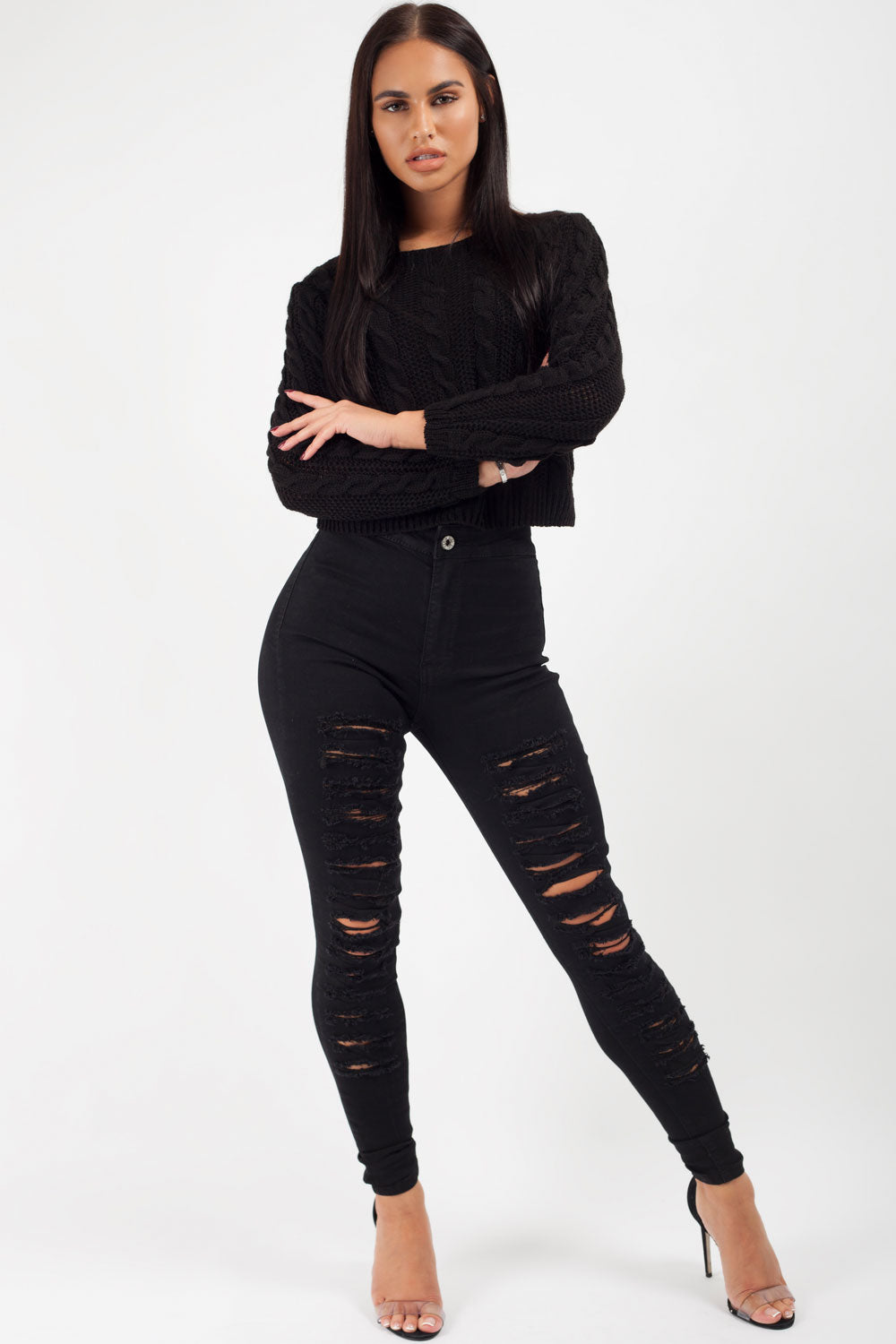 black high waisted ripped skinny jeans