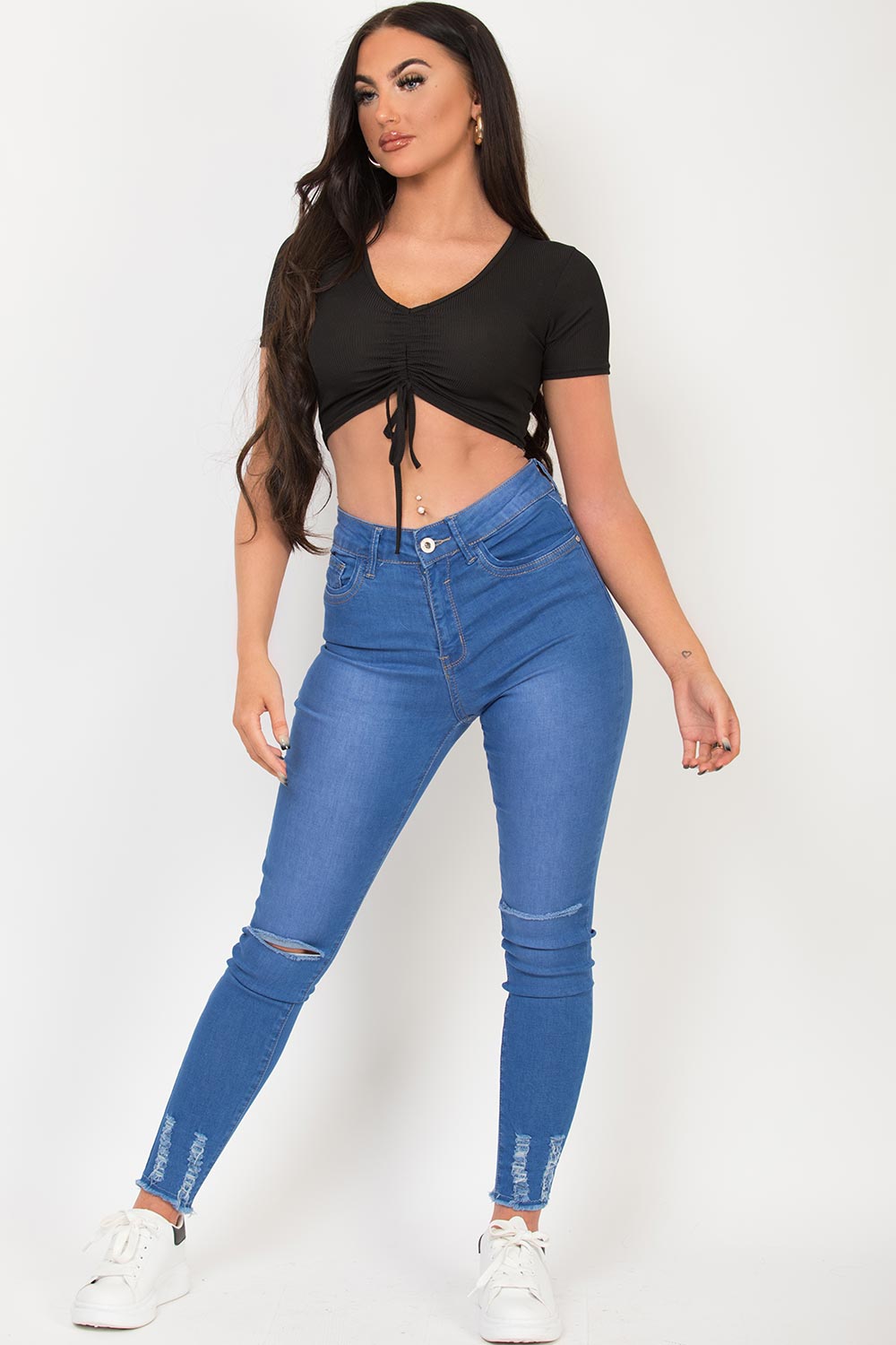 black crop top with drawstring ruched front