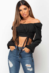 black ruched tie front top 