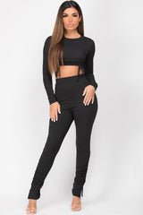 ribbed ruched front loungewear set black 