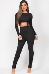 black ribbed ruched front loungewear set 