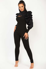 black ruched puff sleeve loungewear set